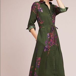 Anthropologie Maeve Green Floral Maxi Shirt Dress